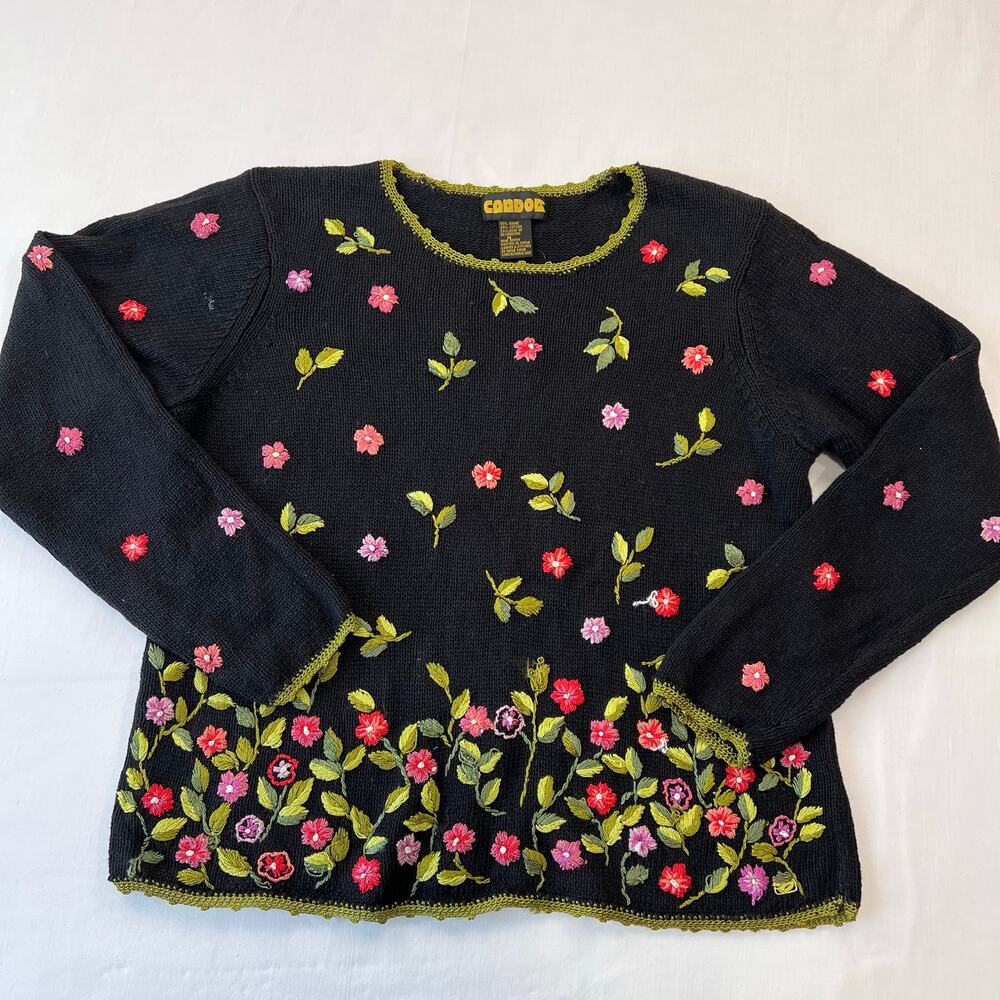 Candor Vintage Black Knit Sweater Embroidery Crochet Bouquet Floral size Medium